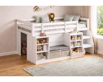 Kids Twin Loft Bed with Stairs, Storage, Bookcase, LED Lights, Montessori Bed Frame