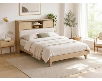 Solid Wood Bed Frame with Rattan Headboard, Storage Shelves, Sliding Doors