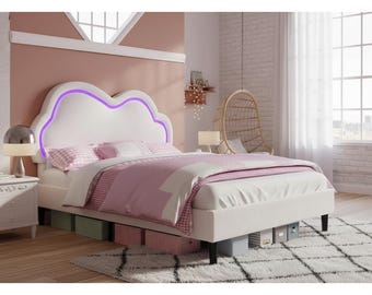 Queen Cloud Headboard Bed Frame, Pink Velvet Upholstery, RGB Lights, No Box Spring