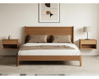 Solid Bamboo Platform Bed Frame with Headboard, Japanese Minimalist Design, Natural Wood Slats