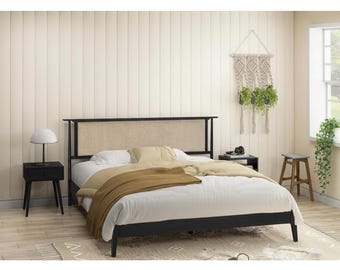 Solid Oak Rattan Headboard Bed Frame, Modern Farmhouse Platform Bed