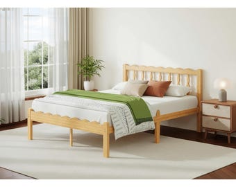 Solid Bamboo Queen Bed Frame, Mid-Century Headboard, Noise-Free Platform Bed