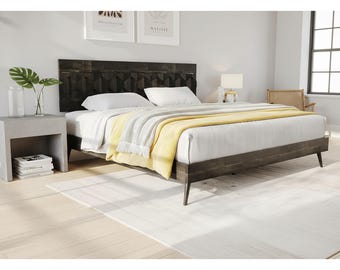 Solid Acacia Wood Bed Frame, Geometric Headboard, Mid-Century Modern Platform Bed (Queen/King)