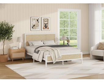 Boho Rattan Queen Bed Frame, Woven Headboard, Metal Platform, Noise-Free Assembly