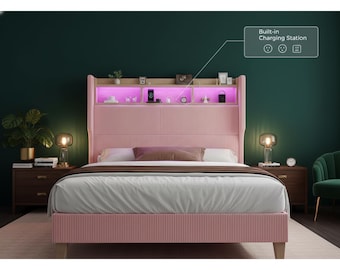 King Size Platform Bed Frame: Upholstered Corduroy, LED Lights, Charging Station, Shelf Headboard