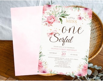 Little Miss ONEderful 1st Birthday Invitation, Pink Floral First Birthday Invite Girl, Editable Canva Template Instant Download