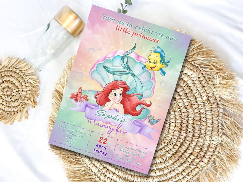 May include: A colorful invitation featuring Ariel from The Little Mermaid, a seashell, and a yellow fish. The invitation reads "Join us to celebrate our little princess" and includes the name "Sophia" and the text "is turning five."