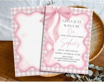 Girls Just Wanna Be ONE Birthday Invitation, Pink Bow Gingham 1st Birthday Invite, Coquette First Birthday Canva Template