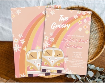 Two Groovy Birthday Invitation, Daisy 2nd Birthday Invite, Retro Flower Party Template, Editable Canva Digital Download