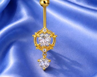 Gold Heart CZ Dangle Belly Button Ring, Floral Navel Piercing Jewelry