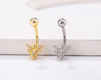 14G Titanium Bee Belly Button Ring with Sparkling Cubic Zirconia – Gold Navel Piercing Jewelry for Women and Girls