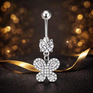 Anello per ombelico a forma di farfalla scintillante – Gioielli per piercing all'ombelico con cristalli, elegante bilanciere pendente in argento