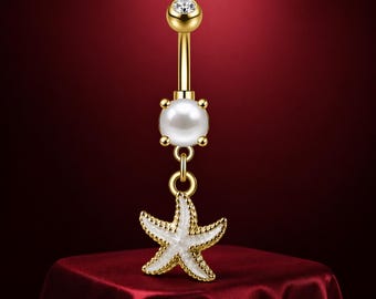 Luxury Gold Starfish Dangle Belly Button Ring with Pearl and Crystal – Ocean-Inspired Navel Piercing Jewelry for Women