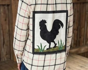 Upcycled Rooster Flannel Shirt Cottagecore Patchwork Plaid Farmhouse Style