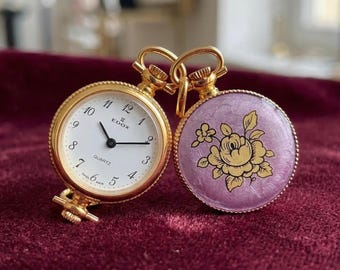 Reloj de bolsillo Edox Swiss Quartz vintage / Esmalte rosa lavanda, oro rosa, pieza chapada en oro de esfera abierta
