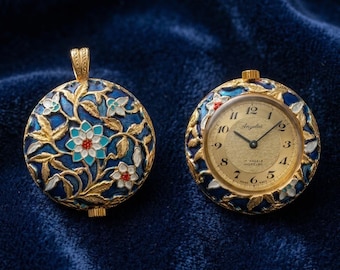 Reloj colgante Angelus Swiss Made Mecánico 17 Joyas Esmalte Floral Cadena Plateada