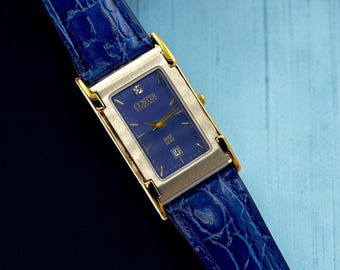 Reloj Coster Diamond Tank – Detalles de diamantes auténticos, correa de cuero azul marino