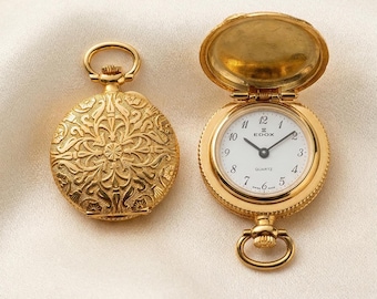 Reloj de bolsillo Edox Swiss Quartz vintage / Caja tipo cazador chapada en oro grabada a mano