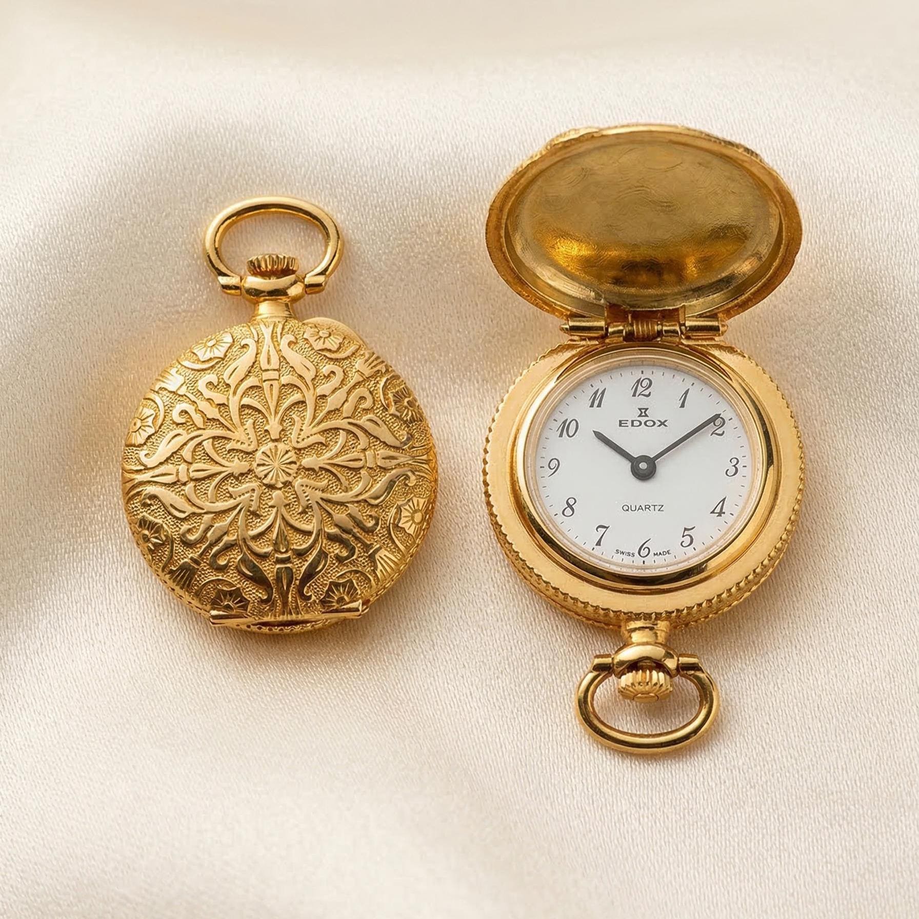 Vintage Edox Swiss Quartz Pocket Watch | Hand Engraved Gold Plated