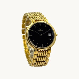 Venus Swiss Made Gold Plated Black Dial Luxury Wristwatch Quartz NOS