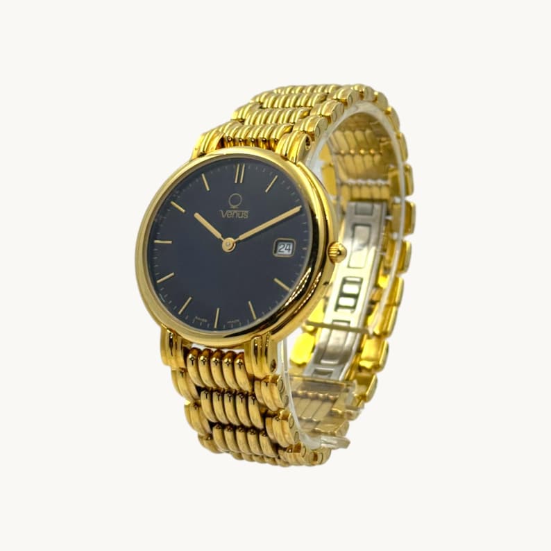 Venus Swiss Made Gold Plated Black Dial Luxury Wristwatch Quartz NOS