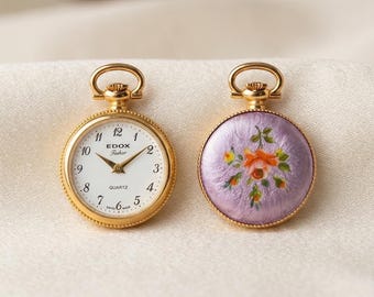 Reloj colgante de esmalte floral lavanda de Edox / Reloj de pulsera de cuarzo suizo / Regalo de joyería vintage único para ella