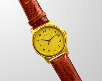 Reloj Certina Swiss Quartz de 36 mm con correa de cuero marrón, ideal como regalo para novio. Reloj de lujo, de moda, para hombre, vintage y clásico.