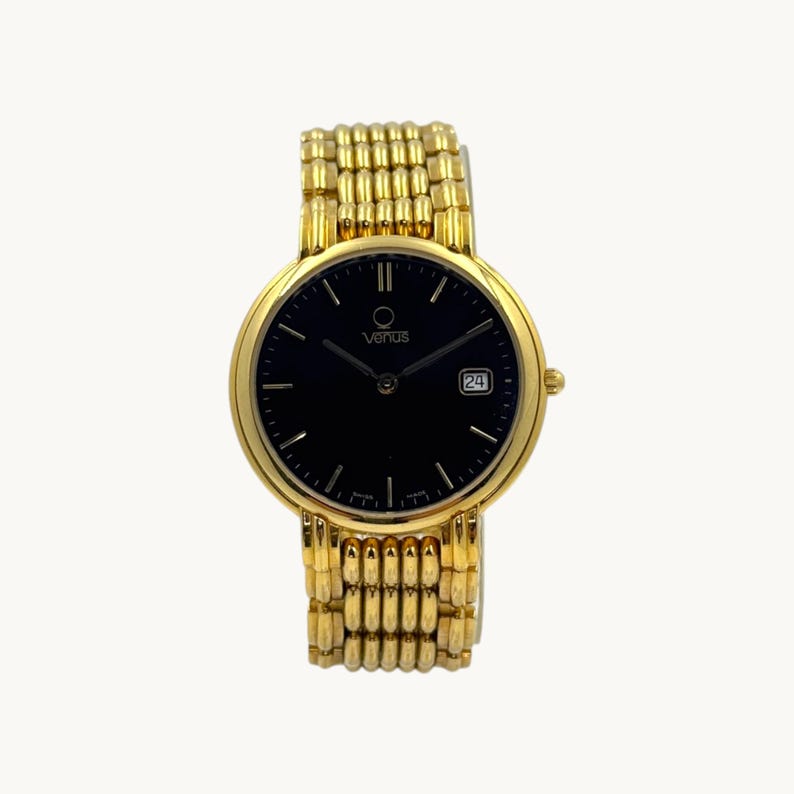 Venus Swiss Made Gold Plated Black Dial Luxury Wristwatch Quartz NOS
