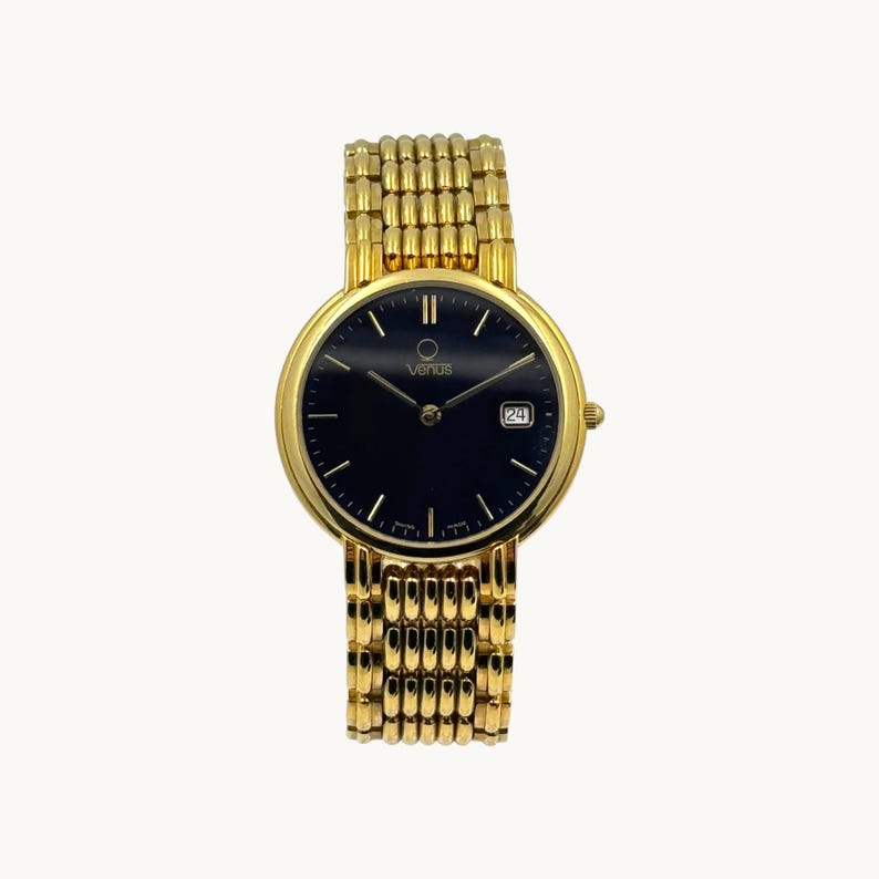 Venus Swiss Made Gold Plated Black Dial Luxury Wristwatch Quartz NOS