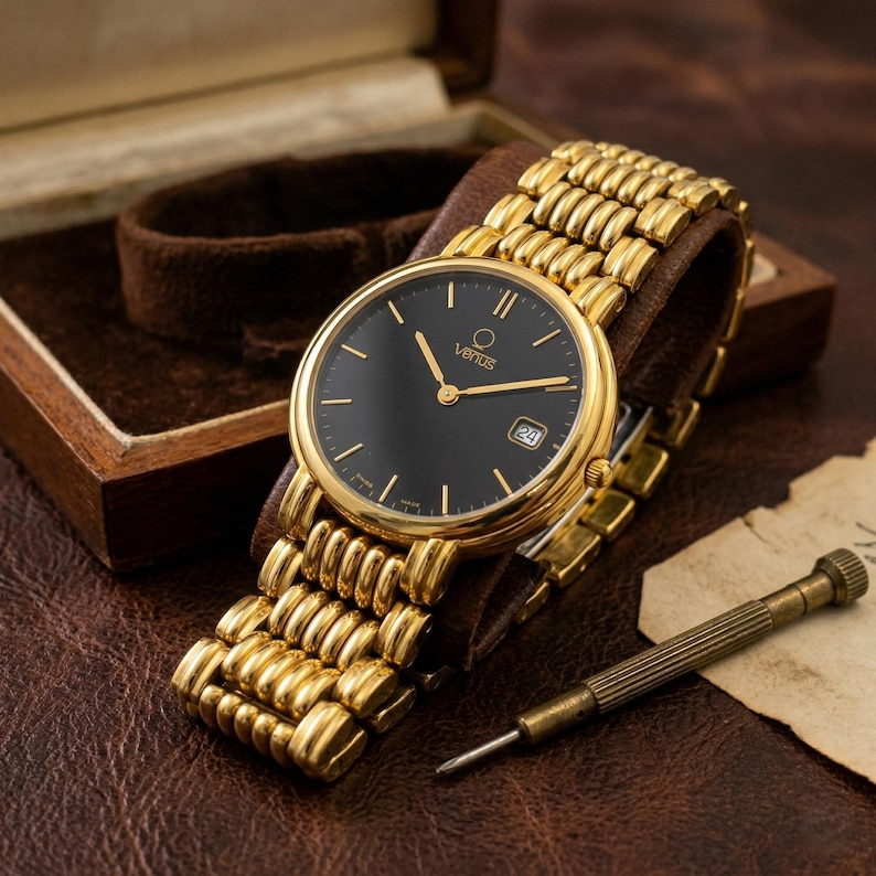 Pode incluir: Um rel&oacute;gio Venus dourado com mostrador preto e ponteiros dourados, com exibi&ccedil;&atilde;o de data. O rel&oacute;gio tem uma pulseira dourada e &eacute; exibido em um suporte de rel&oacute;gio de couro marrom. Uma pequena chave de fenda e uma caixa de rel&oacute;gio tamb&eacute;m s&atilde;o vis&iacute;veis.
