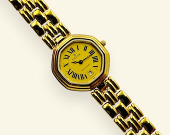Reloj suizo Edox octogonal chapado en oro: esfera con números romanos, colección Les Vauberts.