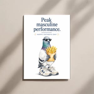 Op de afbeelding: Waterverfillustratie van een duif met een zonnebril en sneakers, die een papieren bakje friet vasthoudt. De tekst luidt: "Peak masculine performance. Happy Father's Day."
