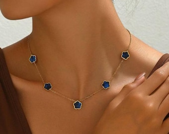 Elegante conjunto de collar y pulsera para mujer, diseño de trébol, oro, azul, joyería minimalista, regalo.