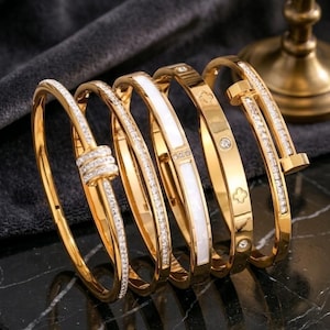 Luxury Gold Bangle Bracelet Set, Diamond Style Cuff Bracelet, Minimalist Stackable Jewelry, Elegant Women Gift, Statement Gold Bracelets