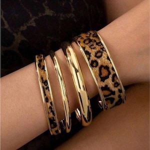 Leopard Print Bangle Bracelet Set Gold Chunky Bracelets Stackable Bracelets Statement Jewelry Boho Jewelry Gift for Her