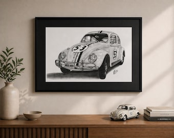 Dibujo de un Volkswagen Beetle clásico para imprimir | Arte mural de coches clásicos | Boceto realista a lápiz | Lámina automotriz | Descarga digital