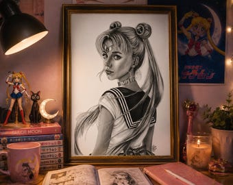 Realistic Sailor Moon Art Print | Hand Drawn Graphite Portrait | Printable Wall Art | DigitalDownload