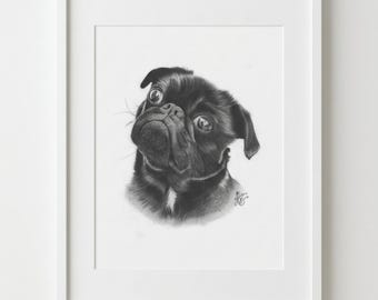 Realistic Black Pug Dog Printable Wall Art, Pet Portrait Drawing, Dog Lover Gift, Digital Download