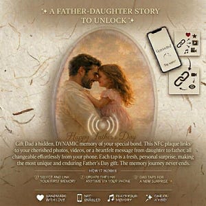 Op de afbeelding: Afbeelding met de tekst "A Father-Daughter Story to Unlock" en "Happy Father's Day." Het toont een vader en dochter die elkaar omarmen, met een smartphone en iconen. Het product is een dynamisch herinneringscadeau.