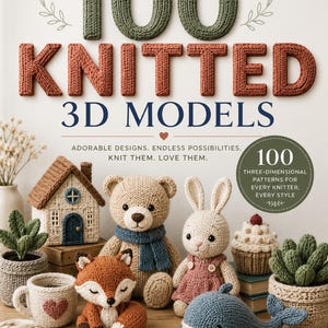 Può includere: Copertina di un libro con il titolo "100 Knitted 3D Models" in lettere strutturate. L'immagine presenta vari oggetti lavorati a maglia, tra cui una casa, un orso, una volpe, un coniglio, una balena e un cupcake. Il testo recita "Adorable designs. Endless possibilities. Knit them. Love them."