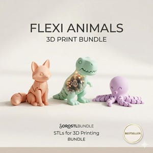 Puede incluir: Un conjunto de animales flexibles impresos en 3D, que incluye un zorro color melocotón, un dinosaurio verde claro con una función de iluminación y un pulpo morado. El texto "FLEXI ANIMALS 3D PRINT BUNDLE" se muestra en la parte superior.