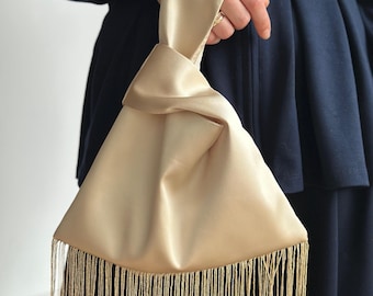 Handmade Silk Satin Knot Bag, Gift for Her,  Mother's Day Gift, bridesmaids bag, Wristlet Purse, Japanese Inspired Fringe Evening Clutch
