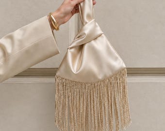 Borsa a mano in raso con nodo giapponese, pochette da sera con frange, regalo di nozze.