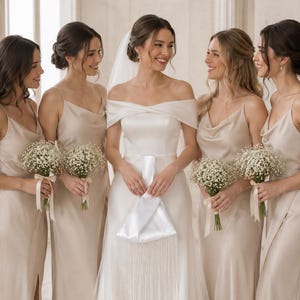 Può includere: Una sposa in un abito di raso bianco con spalle scoperte posa con quattro damigelle in abiti sottoveste color champagne. Ogni damigella tiene in mano un bouquet di fiori bianchi legato con un nastro color crema. La sposa porta una pochette di raso bianco con frange.