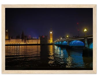 London Big Ben Night Photography Print, Thames River Wall Art, Wood Framed Poster