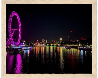 London Eye Night Print, Neon Cityscape Wall Art, UK Photography Poster
