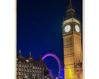 Big Ben London Eye Night Photography Print, Moody UK Wall Art Framed