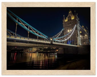 Tower Bridge London Night Print, Moody Thames Photography Poster, UK Wall Art