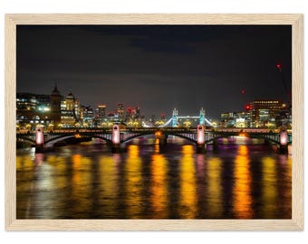 London Bridge Night Print, Moody Thames River Photography, Framed Wall Art
