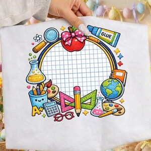 学用品フレーム刺繍デザイン、新学期アップルペンシルミシン刺繍ファイル、教師教室パッチ